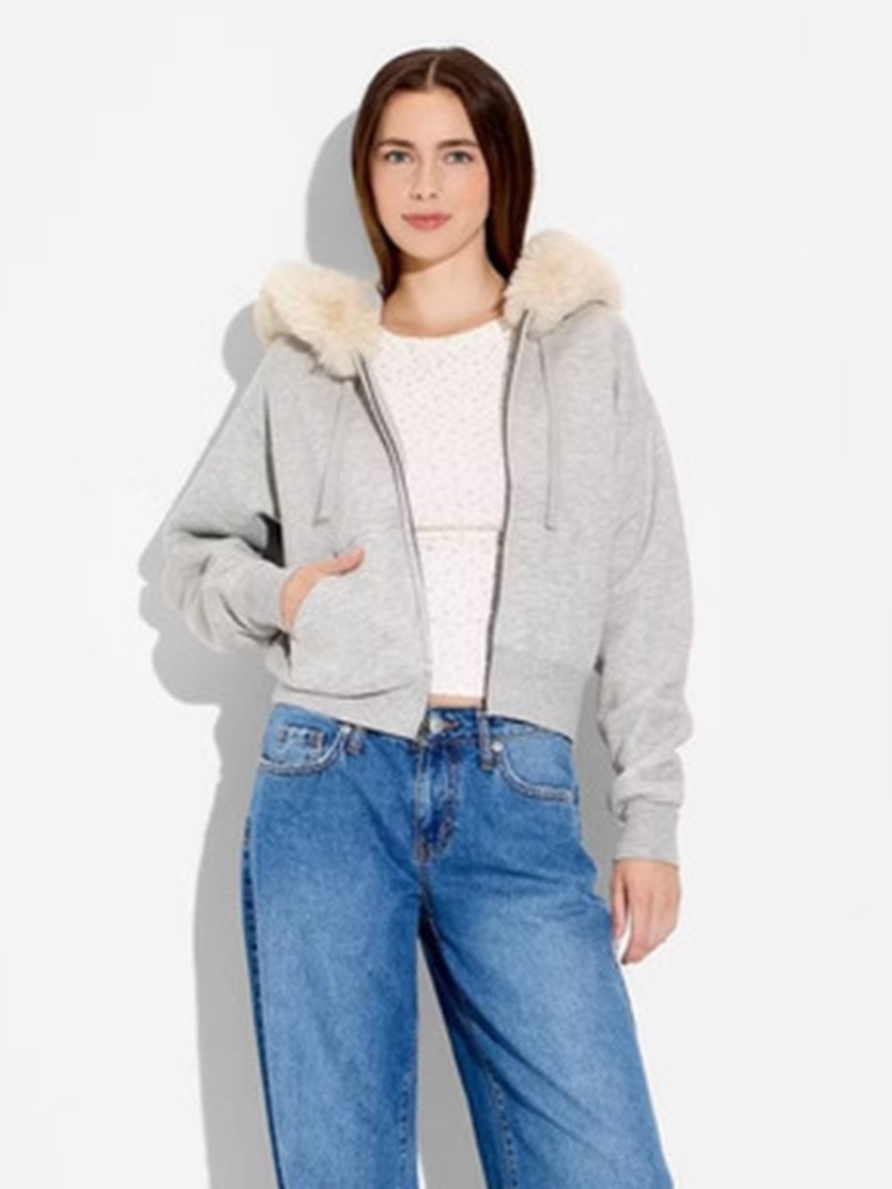 Wild Fable Women's Faux Fur Trim Hooded Zip-Up Sweatshirt